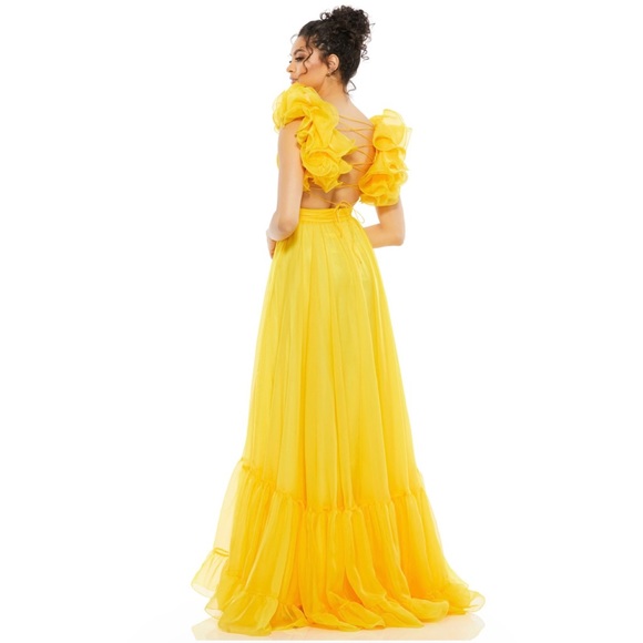 Ruffle Shoulder Lace Up Gown in Sunshine from Mac Duggal - Picture 2 of 5